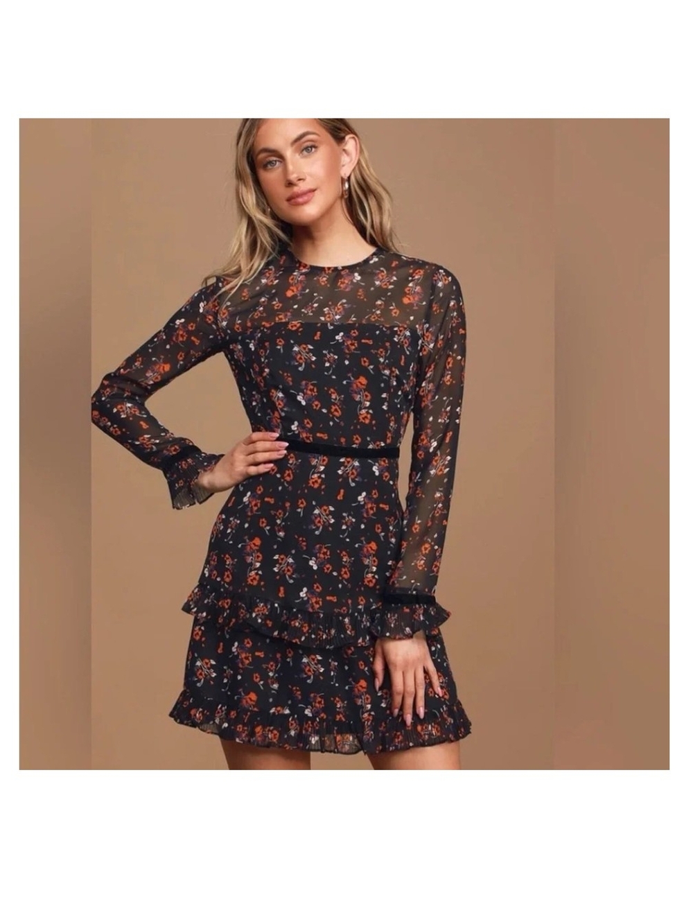 Lulu's Black Floral Long-Sleeve Tiered Mini Dress
